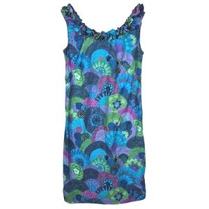 Vintage Casual Aire Hawaii Shift Dress Ruffle Neck Floral Psych Print Blue Green